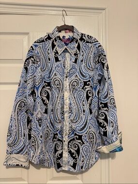 Robert Graham Blue Black White Paisley Dress Shirt